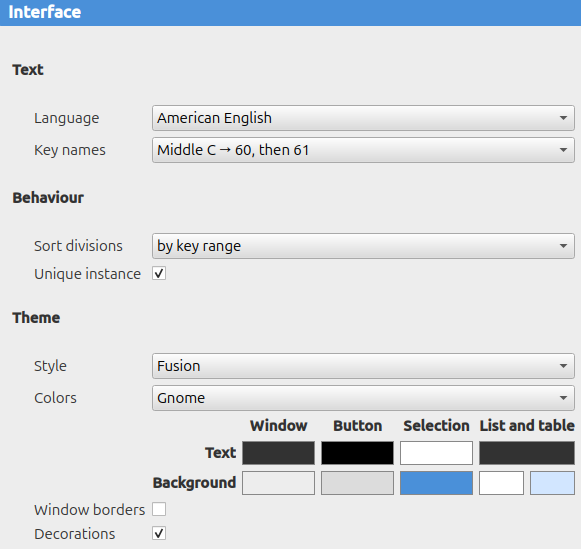 Settings, interface