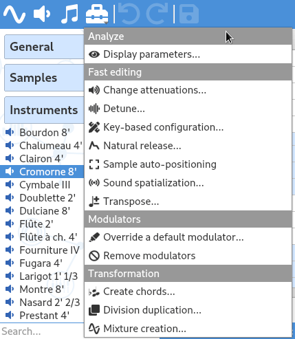 Tool menu showing instrument tools